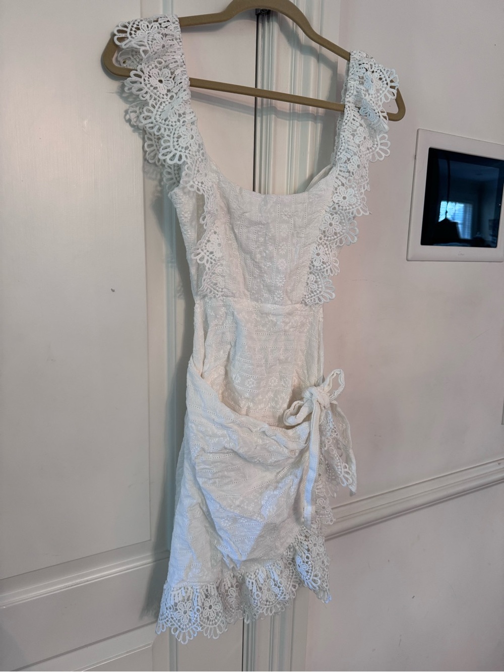 White Lace Mini Dress with Tie-Waist and Floral Trim